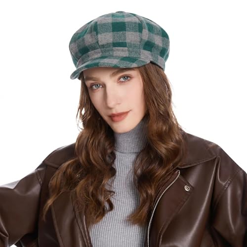 ZLYC Women Classic Newsboy Cap Visor 8 Panel Gatsby Cabbie Paperboy Hat - color: Plaid Green