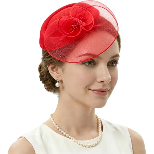 DRESHOW Fascinator Hats for Women Cocktail Tea Party Hat Netted Pillbox Hat Vintage Derby Hats for Bridal Wedding - color: Pillbox Hat: Red