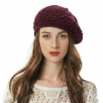 ZLYC Women Cotton Slouchy Crochet Beret Handmade Cutout Floral Beanie Hat - color: Knit Burgundy