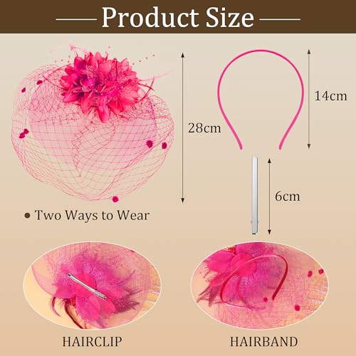 Fascinators Hats Tea Party Hats for Women Feather Veil Headband Vintage Lace Cocktail Headwear Bridal Wedding Veil Retro Hat - color: Rose Red