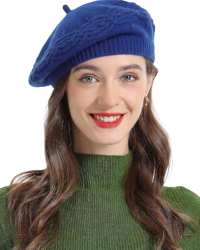 ZLYC Women French Beret Hat Reversible Solid Color Knit Warm Artist Cap - color: Cable Knit Royal Blue