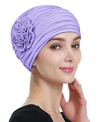 Alnorm Flower Design Chemo Hair Loss Caps Cancer Headwear for Women - color: Light Purple