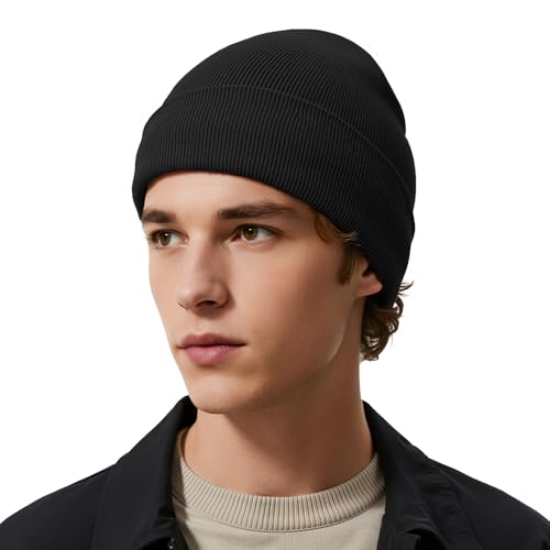 American Trends Thermal Fleece Lined Winter Beanie for Men Women Cold Weather, Warm Knit Skull Cap for Outdoor Activities - color: Black