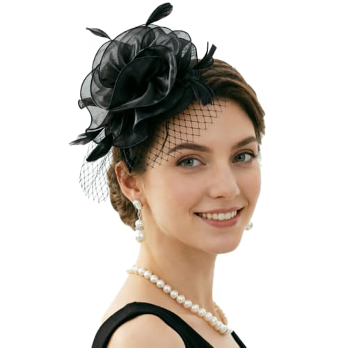 DRESHOW Fascinators Hat Feather Headband Women's Fascinators Tea Party Headwear with Clip Flower Head Band for Girls & Women - color: 8.2" Veil / Audrey Black