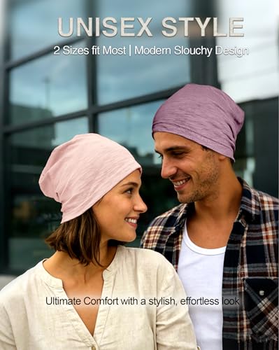 ROYBENS Lightweight 100% Cotton Slouchy Summer Beanie Men Women, Chemo Cap - color: 2pcs Pink + Purple, size: Medium