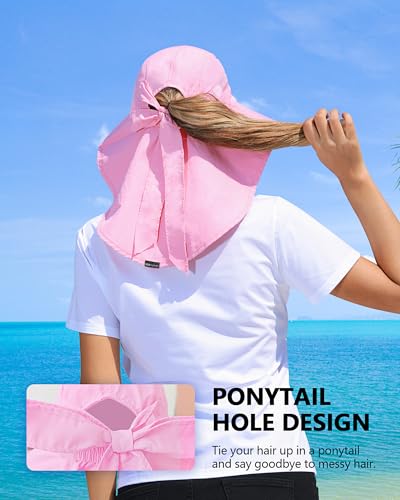 Womens Sun Hat Outdoor UV Protection Wide Brim Fishing Hat with Ponytail Hole Neck Flap for Beach Hiking Camping - color: Sun Hat-pink
