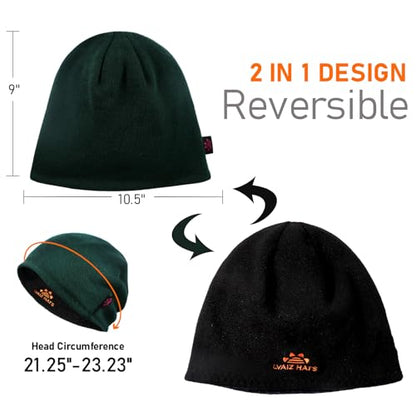 Lvaiz Winter Fleece Lined Beanie Hat for Men Women Reversible Skull Cap - color: Dark Green+black