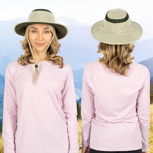 SUN CUBE Wide Brim Sun Hat for Men Women UPF 50+ UV Protection Safari Boonie Hat with Chin Strap, Pocket, Fishing Hiking Hat - color: Tan