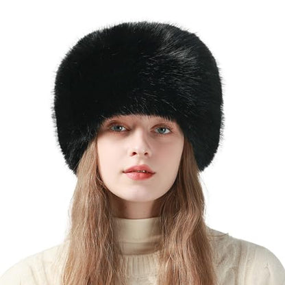 Peicees Winter Faux Fur Hat for Women Russian Style Ladies Ushanka Warm Fluffy Bucket Hat Fuzzy Furry Cap - color: Black