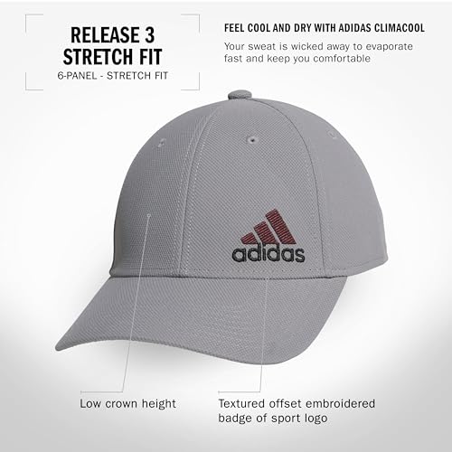 adidas Men's Release 3 Structured Stretch Fit Cap - color: Grey Three/Aurora Ruby Red/Black, size: Small-Medium