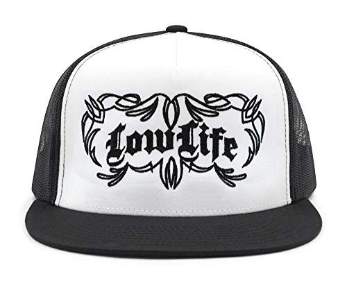 Low Life Pinstriped Trucker Cap for Men – Flat Bill 5-Panel Mesh Hat – Low Life Front Design – Adjustable Snapback – One Size Fits Most – Bold Baseball Cap (Black/White/Black)