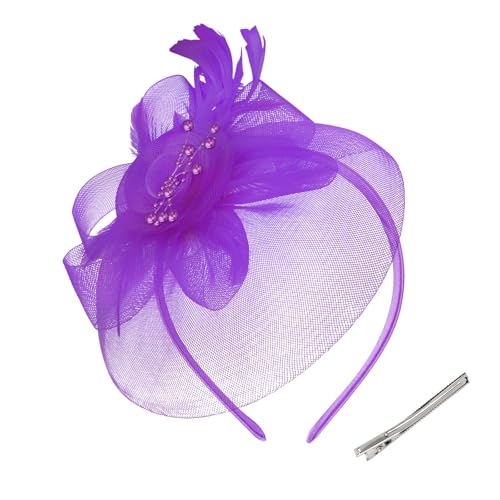 Womens Fascinators Mesh Hats Tea Party Hats for Women Feather Veil Headband - color: Purple