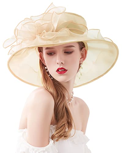 Women Derby Fascinator Hat Organza Church Wedding Hats Wide Brim Cocktail Tea Party Hat - color: 14 Beige