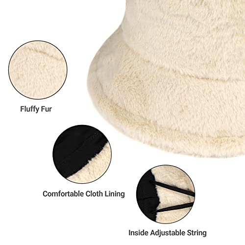 Umeepar Winter Faux Fur Fuzzy Bucket Hat Fluffy Warm Hat for Women Men - color: Plain Beige