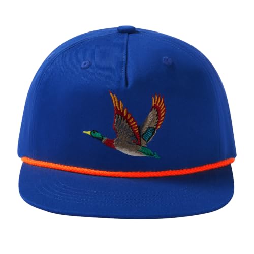 BASSDASH Embroidered Soft Top Flat Brim Duck Hat Snapback Cap for Hunting, Fishing, and Outdoor Activities - color: Royal Blue/Mallard
