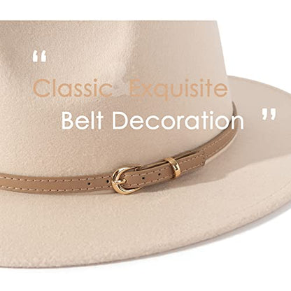 Lisianthus Women Classic Felt Fedora Wide Brim Hat with Belt Buckle - color: Creamy
