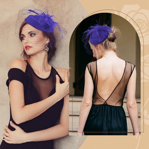 Fascinator Hat Veil Feather Fascinator Tea Party Bridal Wedding Veil Retro Hat Pillbox Hat - color: Purple