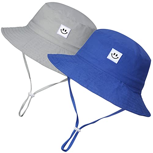 MaxNova Baby Sun Hat Smile Face UPF 50+ Toddler Bucket Hat for Boys Girls 0-7 Years - color: 2pack Smile Face Royal Blue/Grey, size: 0-6 Months