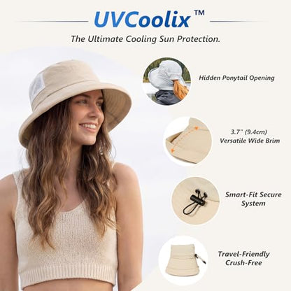 TOP-EX UVCoolix™ Women's Cooling Bucket Sun Hat with Ponytail Hole Wide Brim UPF 50 Packable Summer Travel Outdoor - color: Khaki, size: Medium