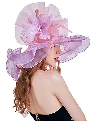 Women Derby Church Organza Flower Wedding Tea Party Fascinator Wide Brim Sun Hat - color: H2-purple,pink Flower