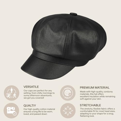C.C Knitted Newsboy Cap for Women – Soft Knit Hat with Adjustable Velcro, Lightweight Warm Winter Style - color: Faux Leather-black