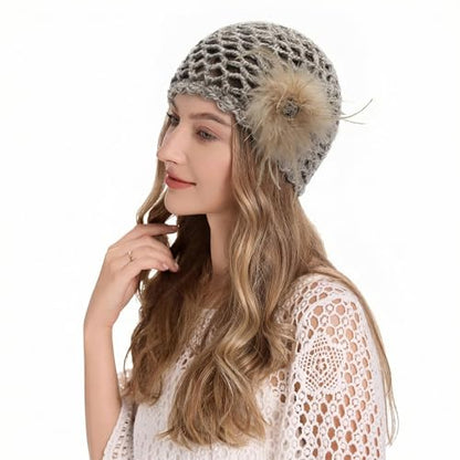 ZLYC Women Crochet Beanie Hat Summer Handmade Knit Decorated Skull Cap - color: Feather Khaki Mixed Gray