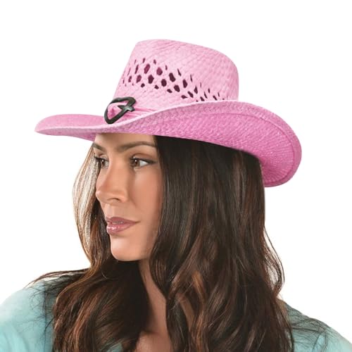 Boho Hip Cowboy Hat with Heart Concho, Natural Toyo Straw, Shapeable Brim - color: Pink