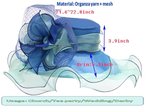 ORIDOOR Women Hats Headband Hairpin Organza Fascinator Church Hat Floral Tea Party Wedding Hat - color: 003b Blue&royal Blue