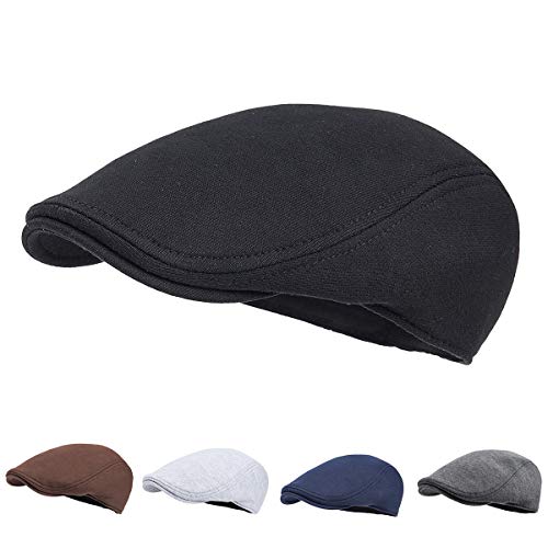 FEINION Men Cotton Newsboy Cap Soft Fit Cabbie Hat - color: Black