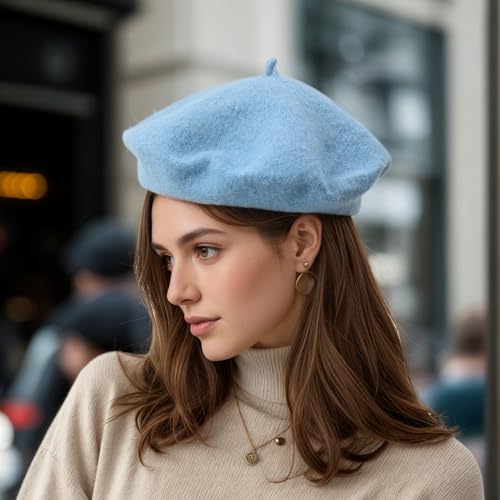 Women's Wool Beret: 70% Wool French Hat for Daily, Lightweight & Chic Berets for Women - color: Sky Blue