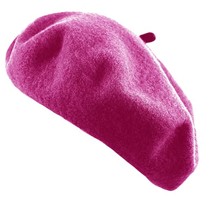 Women's French Beret Hat Solid Color Plain Wool Classic Traditional Artist Cap - color: Hot Pink