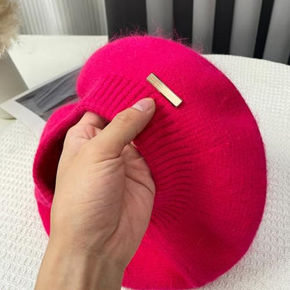 Yanmucy Beret Hat Women Girl, Fluffy Knitted French Beret Warm Classic Beanie Hats Cap for Ladies Men Winter Autumn - color: Red