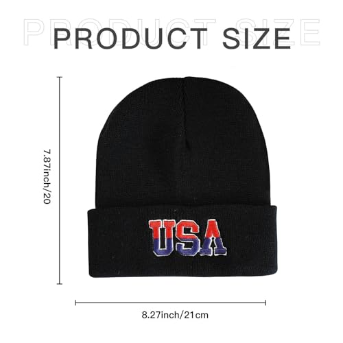 American Flag Beanie, USA Embroidered Winter Hat for Women Men - color: Usa-black