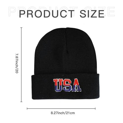 American Flag Beanie, USA Embroidered Winter Hat for Women Men - color: Usa-black