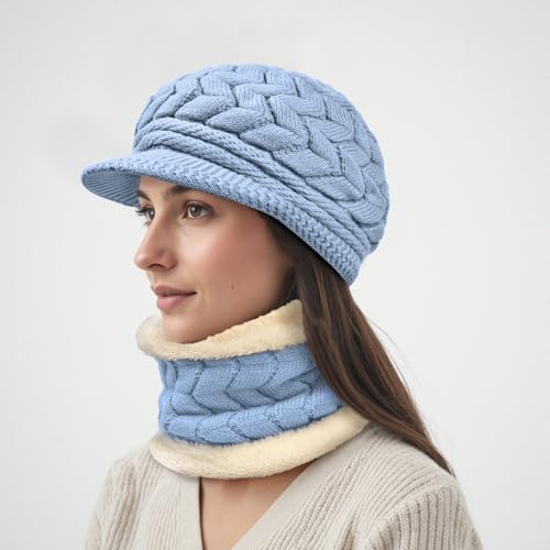 Loritta 3 in 1 Womens Winter Hat Gloves Scarf Set, Warm Hat Mittens - color: Blue
