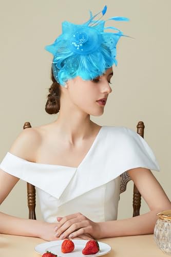 BABEYOND Fascinators Hats for Women Tea Party Flower Tulle Bead Derby Hat - color: Sky Blue