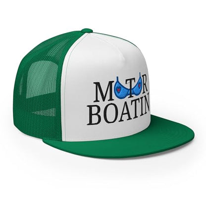 NX Motor Boatin Embroidered Flat Bill Trucker Hat High Crown Snapback Cap - color: Kelly/ White/ Kelly