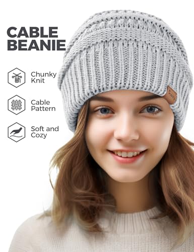 Slouchy Beanies for Women Cable Knit Winter Hats Ladies Gifts Chunky Skull Cap Thick Warm Stocking Caps for Cold Weather - color: Light Grey
