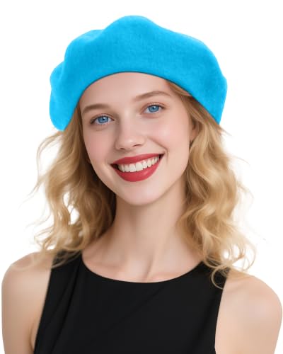 French Beret Hats for Women - Wool Solid Color Beanie Cap - color: Turquoise Blue