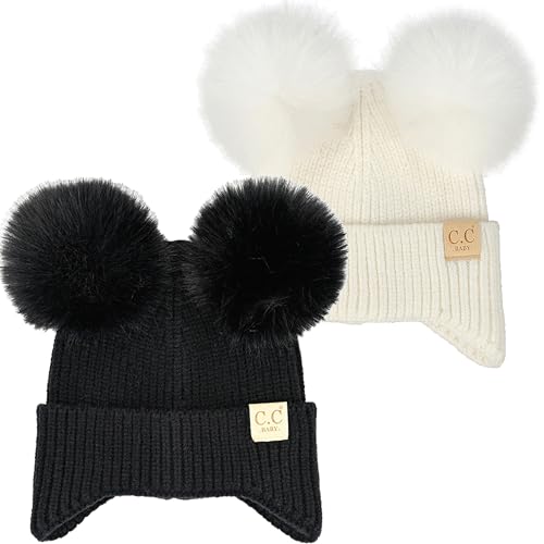 Funky Junque Double Pom Pom Baby Beanie – Newborn Girl Winter Hat 0–12 Months, Cute Cozy Knit Infant Beanies for Cold Weather - color: 2 Pack - Black & Ivory - Ear Flap