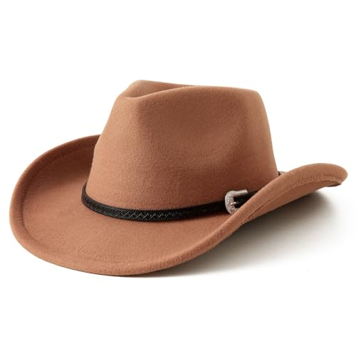 JOYEBUY Kids Western Cowboy Hat for Boys Girls Classic Fedora Hat Felt Cowboys Hats with Leather Buckle - color: Khaki