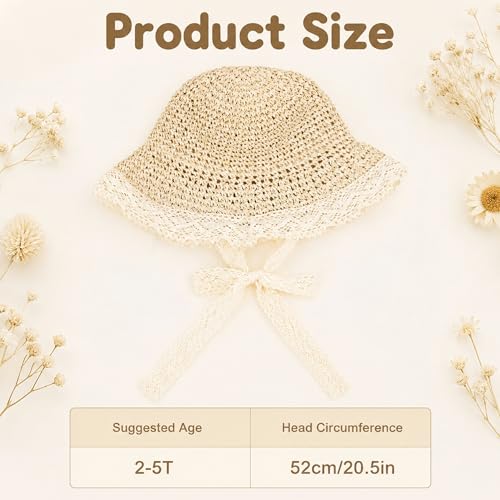 Baby Girl Straw Hat Toddler Summer Beach Hat with Lace Bow Sun Protection Hats for Infant Girls Beige