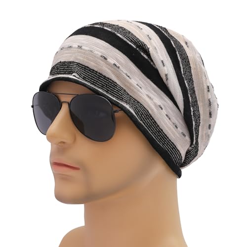 ZLYC Cotton Thin Slouchy Beanie Hat for Men Women Stretch Skull Cap - color: Stripes Black, size: One Size