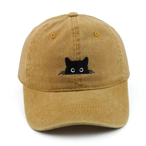 Peeking Black Cat Embroidered Washed Baseball Cap, Adjustable Vintage Dad Hat for Cat Lovers Unisex - color: Yellow