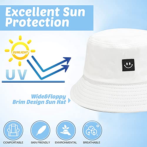 Kids Sun Hat Smile Face Bucket Hat for Girls Boys Summer Sun Protection Cotton Unisex Beach Cap - color: White