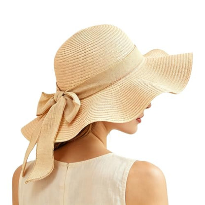 Women Floppy Sun Hat with Wide Brim, Foldable Roll-Up Straw Beach Hat Summer Hat for Travel - color: Beige