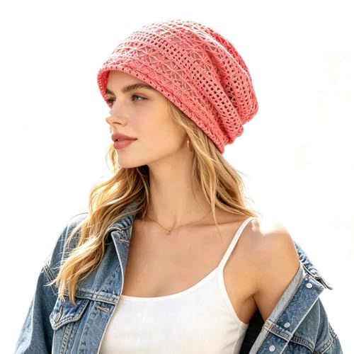 Women's Sparkly Lace Beanie Hat for Women, Lightweight Breathable Knit Skull Cap,Fashion Slouchy Beanie - color: Rose Red 007