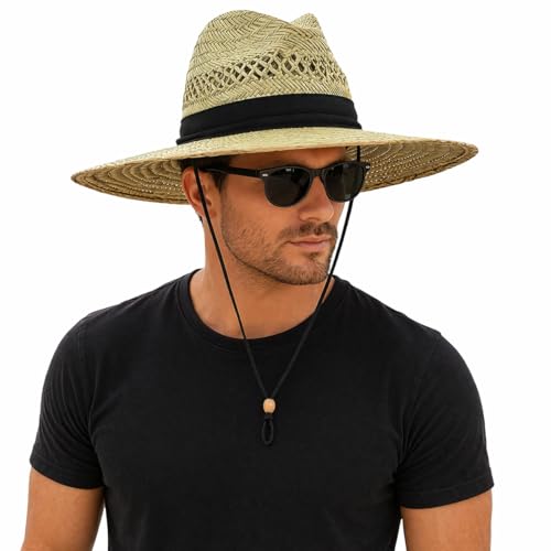 SUN & FUN Men's Straw Outback Lifeguard Sun Hat with Wide Brim, Natural/ Black, One Size / Adjustable