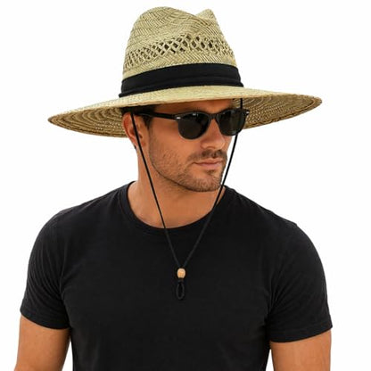 SUN & FUN Men's Straw Outback Lifeguard Sun Hat with Wide Brim, Natural/ Black, One Size / Adjustable