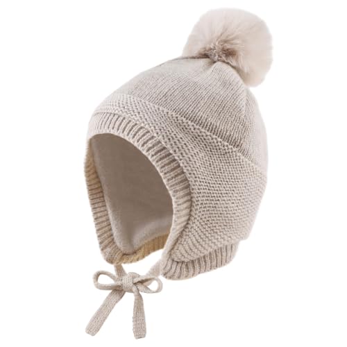 JANGANNSA Basic Winter Baby Boy Beanie Pompom Knit Girl Hat Kid Earflap Cap - color: Oatmeal Hat, size: 6-24 Months